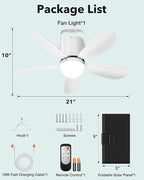 21” Solar Ceiling Fan Light, Battery Operated Camping Fan with Remote Contorl & 30W Portable Foldable Solar Panel, Rechargeable Gazebo Fan Light Outside for Tent Canopy Pergola Travel