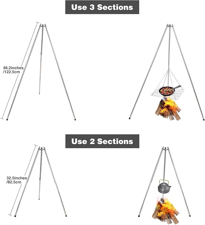 Lineslife Campfire Tripod Grill for Cooking, Durable Stainless Steel Camping Fire Tripod Grill with Grill Grate and Carrying Bag for Outdoor BBQ, Silver