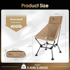 MOON LENCE Oversized High Back Camping Chair for Adults, Height Adjustable Folding Chair with 400 lbs Capacity, Hidden Pillow Pocket and Wide Seat for Camping, Base Camp, Fishing, Overlanding, Khaki