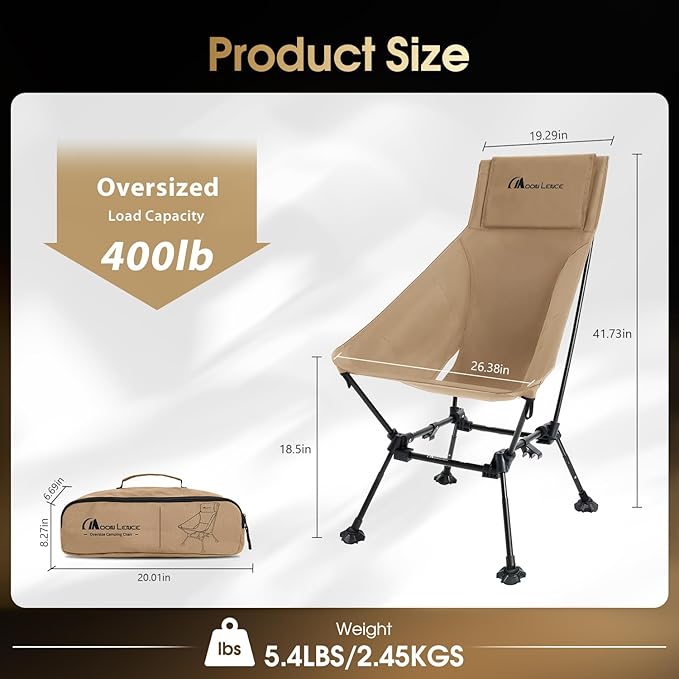 MOON LENCE Oversized High Back Camping Chair for Adults, Height Adjustable Folding Chair with 400 lbs Capacity, Hidden Pillow Pocket and Wide Seat for Camping, Base Camp, Fishing, Overlanding, Khaki
