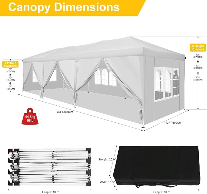 COBIZI 10x30 Pop Up Canopy with 8 Sidewalls for Parties Wedding Backyard, Waterproof Outdoor Commercial Event Shelter with Stakes, Ropes, Sandbags, White