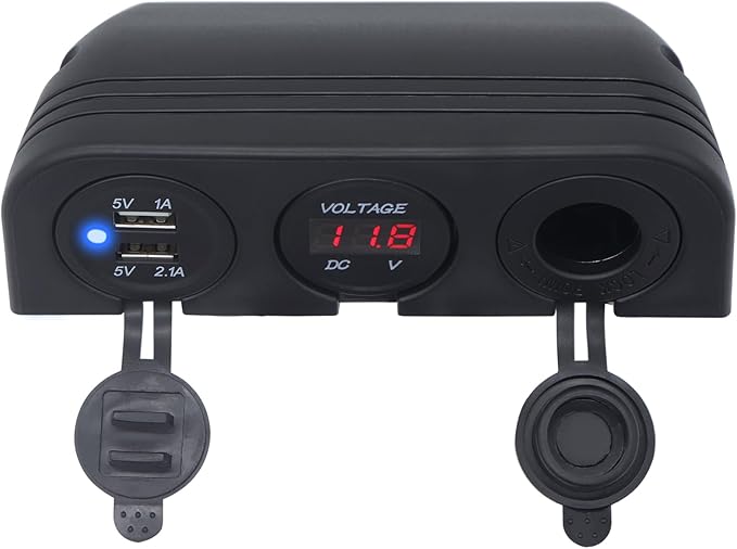 12-24 V Multifunctional 3 Hole Tent Type Car Modification Socket Female Power Outlet Adapter Dual USB Charger Red LED Digital Display Voltmeter Outlet for Automotive Marine Boat