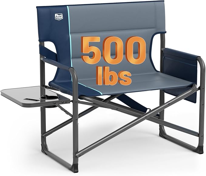 Timber Ridge XXL Extra Wide Foldable Directors Chair with Side Table, 500 lbs Heavy Duty Camping Chairs for Adults, Oversized Folding Lawn Chair for Lawn Beach Sports Outdoor, Blue