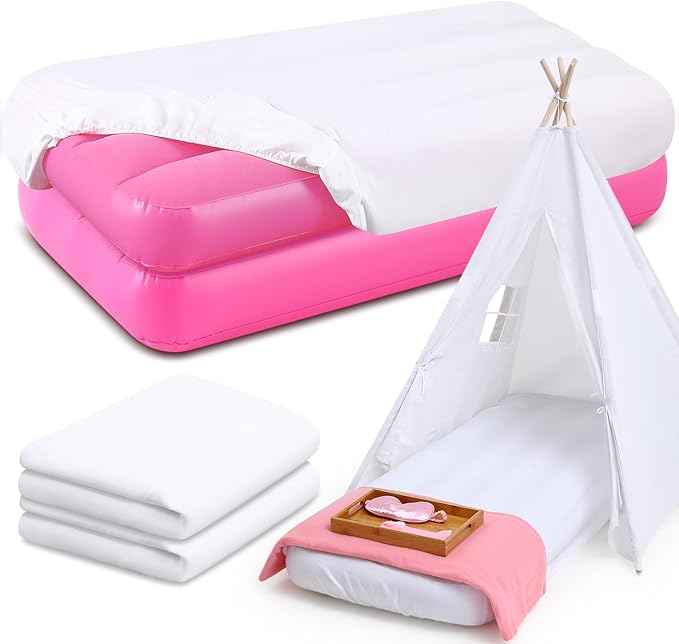 Windyun 2 Sets Kids Air Mattress Bulk with Fitted Sheet,Toddler Inflatable Bed 63 x 27 x 8 Inches Blow up Airbed Camping Sleeping Pad for Aged 3-10 Years Old Birthdays Slumber Sleepover Party (White)