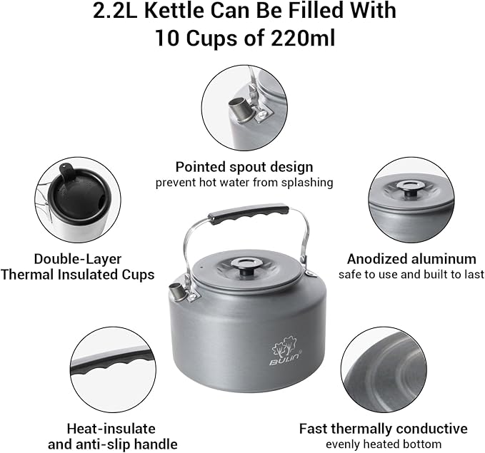 Bulin Camping Kettle, 2.2L Large Portable Stovetop Tea Kettle Fast Heating Boiling Hot Water for Open Fire Lightweight Coffee Pot with 2 Camping Cups & Lids for Outdoor Hiking Picnic Travel