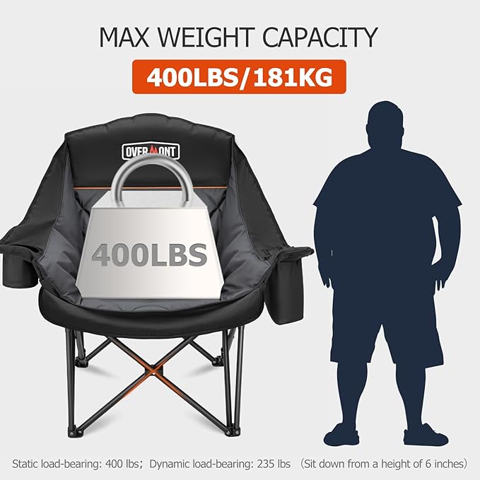 Overmont Oversized XL Camping Chair for Adults - 400lbs Support Heavy-Duty Padded Folding Chair with Side Pocket Cup Holder Cooling Bag for Outdoor Sports Garden Beach Fishing Lawn Black