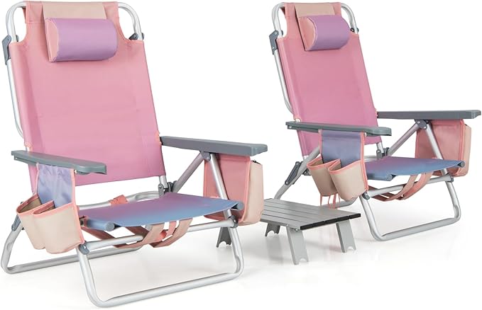 GYMAX Beach Chairs, Backpack Camping Chair with Armrest, Cooler Bag, Cup Holder, Towel Bar & Side Pockets, Sunbath Sling Tanning Lounge, Folding Layout Chair (with Table, Pink)