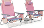 GYMAX Beach Chairs, Backpack Camping Chair with Armrest, Cooler Bag, Cup Holder, Towel Bar & Side Pockets, Sunbath Sling Tanning Lounge, Folding Layout Chair (with Table, Pink)