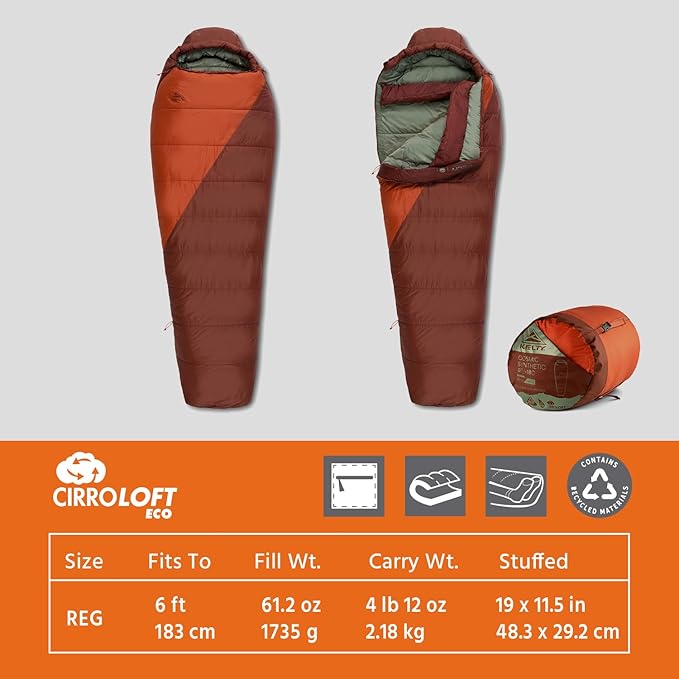 Kelty Cosmic Synthetic Fill 0 Degree Backpacking Sleeping Bag, Regular – Compression Straps, Stuff Sack Included
