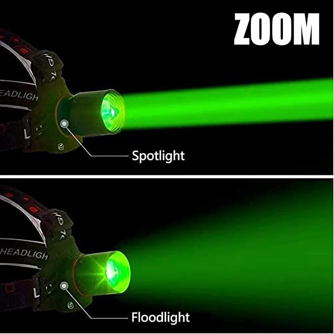 GRACETOP Green LED Headlamp Rechargeable, Greenlight Zoomable Green LED Flashlight, Hands-Free Headlight Torch Lamp for Hunting Hiking Camping Fishing Reading Running