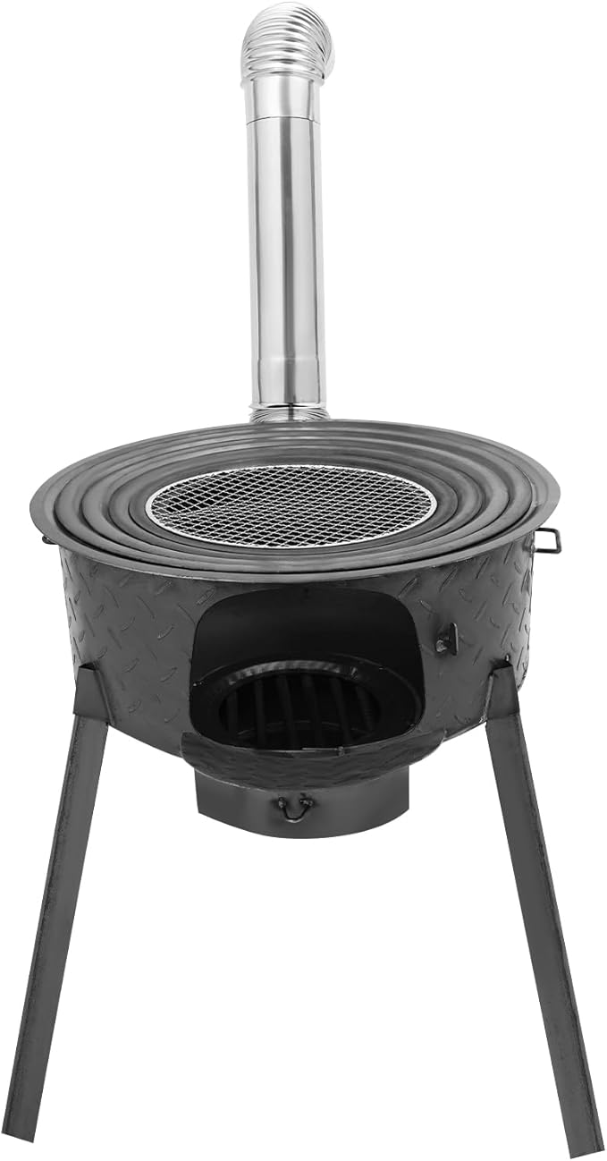 Wood Burning Stove with Grill Rack, Portable Camping Rocket Stove Chimney Charcoal Grill & Furnace Rings, for Outdoor Backyard Cooking, Picnic and Barbecue (Gray, 20.5 in)