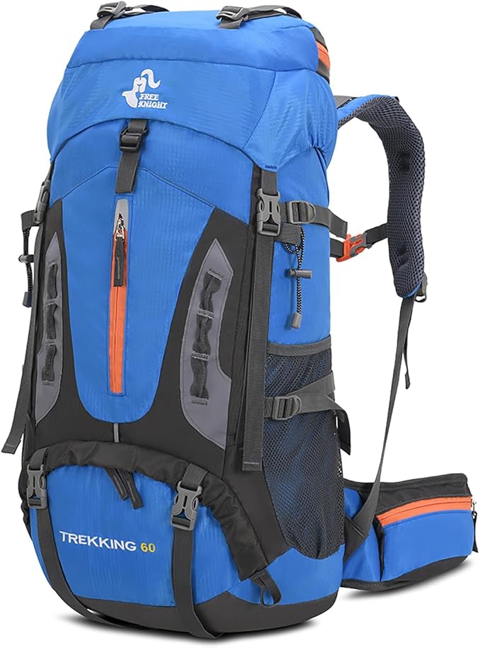 Bseash 60L Hiking Camping Backpack with Rain Cover, Waterproof Large Capacity Outdoor Sport Travel Daypack Climbing Touring (Light Blue)