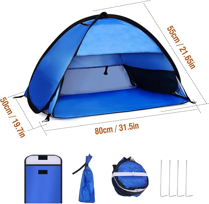Beach Sun Shelters, Instant Sun Shade Canopy Head PopUp Canopy Automatic Shade Tent for Camping, Portable Windproof Waterproof with Mobile Phone Stand with Tent Nails, with Breathable Mesh, 80cm