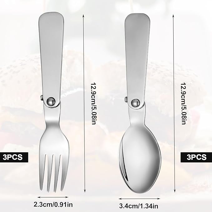 3pcs Folding Spoon & 3pcs Folding Forks for Thermos Funtainer 10oz Food Jar, Stainless Steel Foldable Spork Portable Replacement Fold Utensils Silverware for Travel Camping Picnic Outdoor Activities