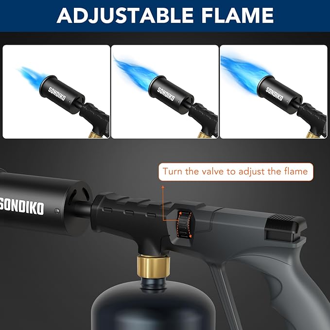 Sondiko Powerful Propane Torch Gun, Cooking Torch for BBQ, Sous Vide, Charcoal Starter and Steak Searing, Adjustable Blow Torch, Best Father's Day Gift, Gray & Black(Propane Tank Not Included)