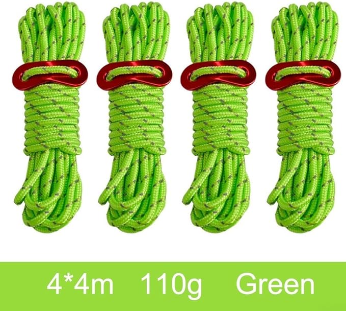 Reflective Tent Guy Lines with Aluminum Tensioners, 4m High Visibility Cord to Tripping Hazards, Backpacking Gear for Hiking and Trekking, For Adjustable(Green)