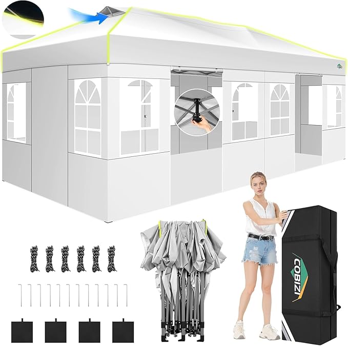 COBIZI 10x20 Pop Up Canopy Tent, Outdoor Party Tent with 6 Sidewall One Push Setup Glow, 3 Adjustable Height Air Vent Waterproof UPF50+, Bag, 4 Sandbag, 6 Stake, 12 Rope for Beach, Commercial