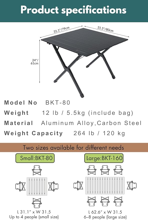 CAMPINGMOON Folding Aluminum Roll-Up Table L 31.1'' x W 31.5'' x H 24'' – Portable Compact Camping & Picnic Table BKT-80