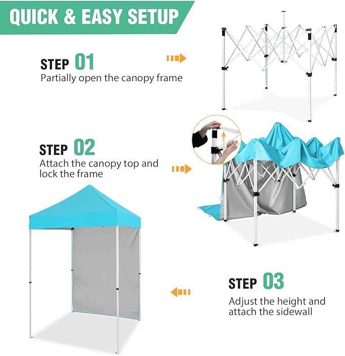 5x5 Pop Up Canopy Tent with One Sidewall, Instant Portable Beach Canopy, Outdoor Tent with Carry Bag for Camping, Sports, Tailgating, Events, Light Blue