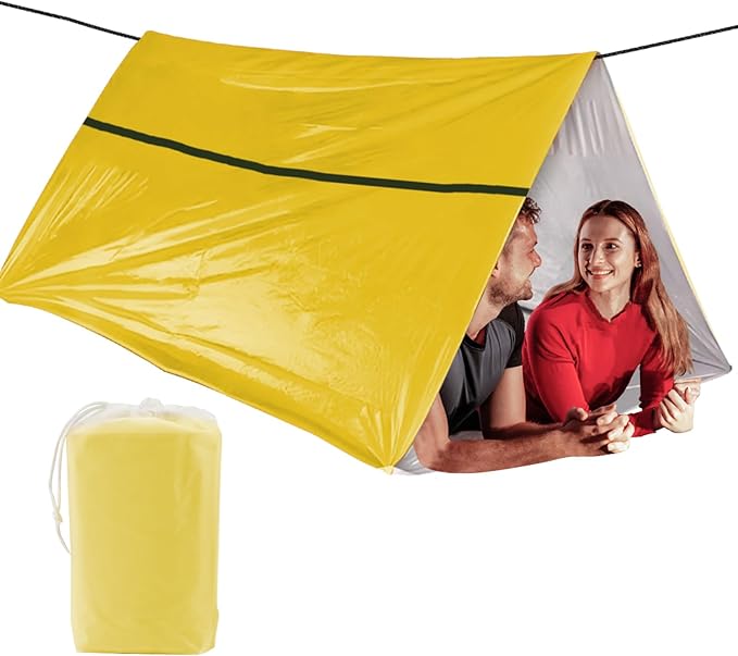 1-Pack Survival Life Tent - 1Person Mylar Shelter, Tube Tent with Paracord, All-Weather for Camping, Hiking, Survival Kits-Yellow