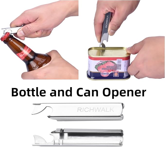 4-in-1 Camping Spoon Fork Knife Combos Set of 4 - Portable Stainless Steel Flatware Spoon Fork kit - forks Knife & Bottle Opener Combo Pack for Picnic Hiking Travel