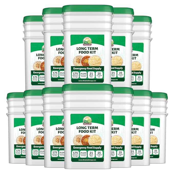 Valley Food Storage Long Term Food Supply Kit | 12 Buckets Emergency Survival Food with 75g+ Daily Protein & 1,800+ Calories | 25 Year Shelf Life, Prepper Supplies for Disaster Preparedness