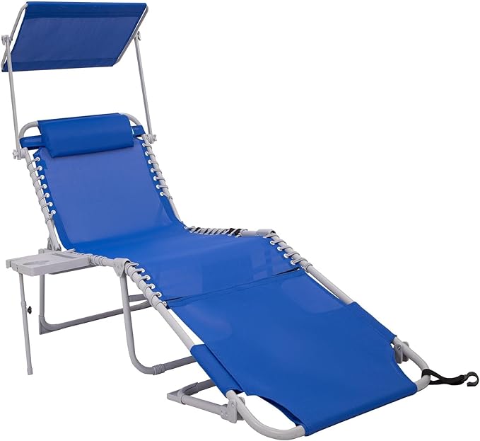 #WEJOY Tanning Chair with Face Hole & Canopy & Side Table, 5 Positions Adjustable Sunbathing Lounge Chair Facedown Chaise Lounge with Pillow Quick Dry for Beach Pool Outdoor Camping Patio,Darkblue