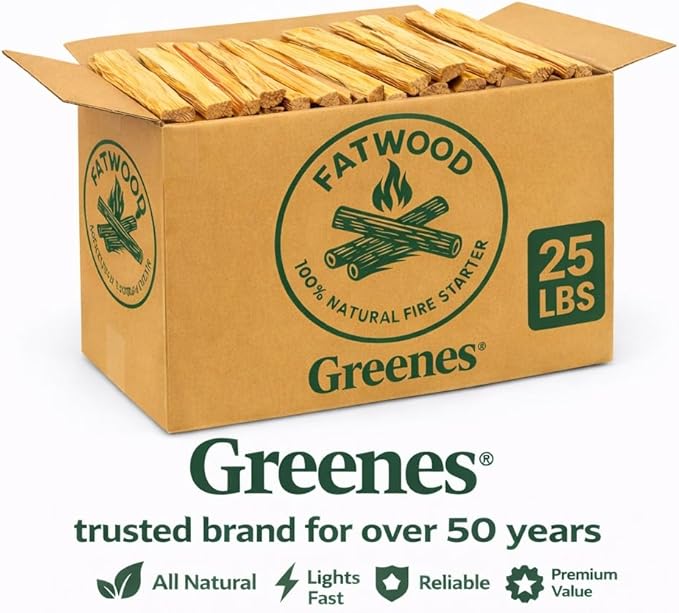 Greenes Fence Fatwood Fire Starter – 25 LB Box – 100% Natural Pine Resin Kindling – Chemical-Free All-Weather Fire Starting Sticks for Fireplaces, Campfires, Wood Stoves & Grills