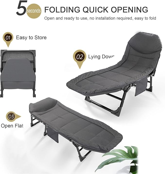 Camping Cot for Adults with Cushion, Portable Folding Cot, 5-Position Chaise Lounge Chair for Outdoor, Camping, Pool, Beach, Patio Relaxation