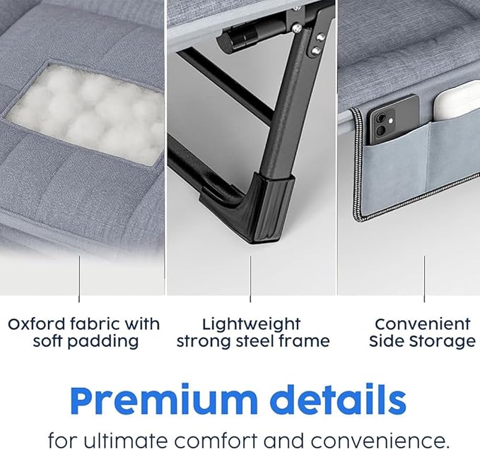 6 Angle Adjustable Folding Cot Bed Chaise Lounge Chair Heavy Duty Portable with Mattress and Pillow for Camping Office Nap Patio Indoor Home Comfortable Lay Flat Reclining Foldable（66IN）