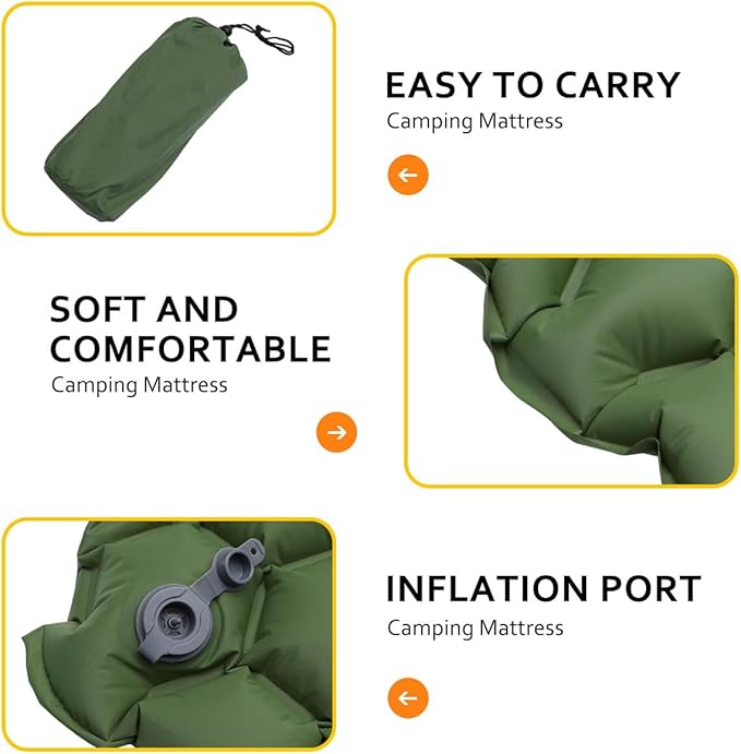 PRETYZOOM Outdoor Inflatable Sleeping Mat Waterproof Camping Mattress Portable Tent Sleeping Pad 192x58x6cm Green for Hiking and Travel