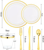 bUCLA 300PCS Gold Disposable Dinnerware Set - White and Gold Plastic Plates - Include 50 Each (Dinner&Dessert) Plates,50 Knives,50 Forks,50 Spoons,50 Cups for Party