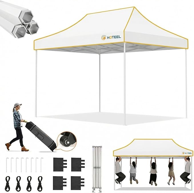 Hoteel 10x15 Pop Up Canopy Tent Heavy Duty Without Sidewalls, Waterproof Party Tent, Easy Set-up Commercial Instant Tents with Roller Bag & Sandbags, Hexagonal Leg (1-Year Warranty)