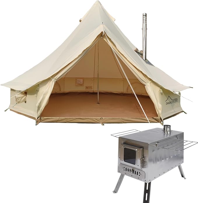 DANCHEL OUTDOOR 4 Season Canvas Yurt Tent with Large Wood Stove, Heavy Duty Bell Tent with Stove Jack 4-8 Person Winter Camping Glamping, 13ft/16.4ft/20ft