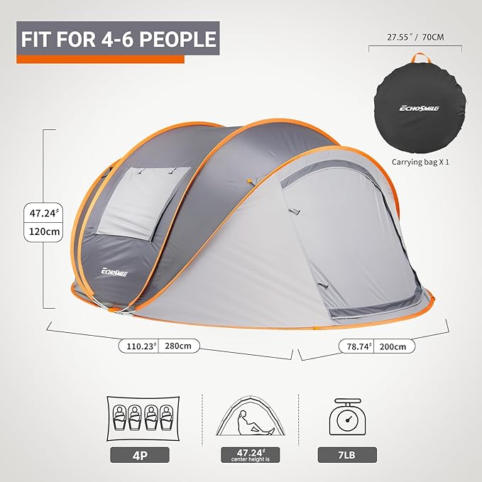 EchoSmile Instant Pop Up Camping Tent, 2/4/6 Person, Easy Setup Tent, Water Resistant Dome, Portable with Carry Bag