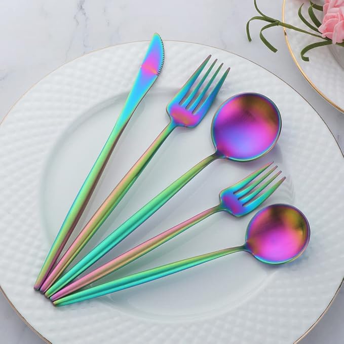 Dinner Plates Set with knife, fork，spoon,Stainless steel tableware，colourful metal dessert salad and steak plate, Services for 4,dinner camping, unbreakable & reusable (9.0inch)