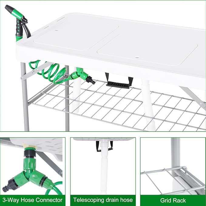GarveeLife Folding Fish Cleaning Table, Portable Camping Double Sinks Table w/2 Dual Water Basins, Faucet Drainage Hose & Sprayer, Outdoor Fish Fillet Cleaning Station w/Storage Box