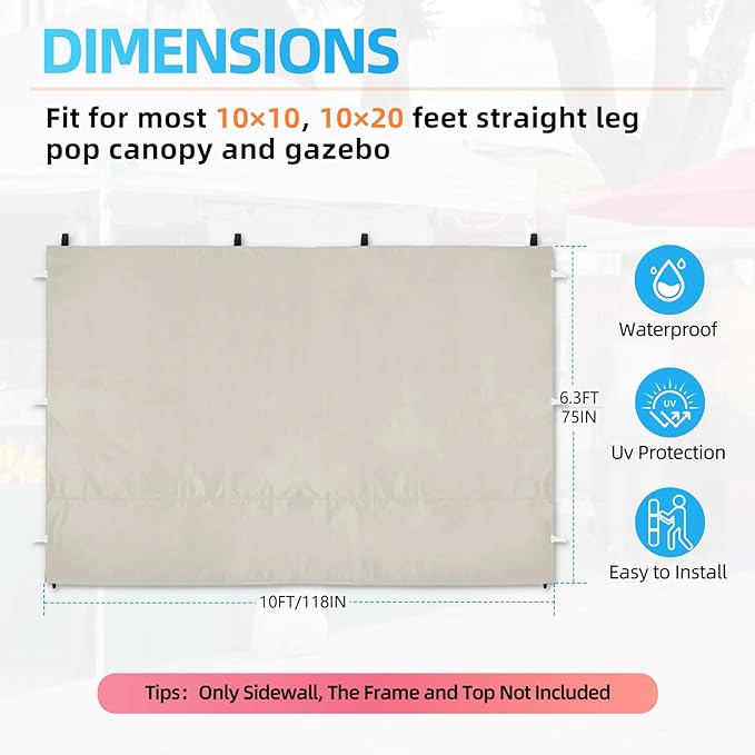 Joramoy Instant Canopy Sunwall 10×10 for Pop Up Canopy, Waterproof, UV Protection Canopy Sidewall, 1 Pack Straight Leg Canopy Side Panels Only（10×10, Beige)