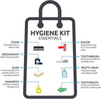 45 Piece Camping Backpack Outdoor Hygiene Kit Essentials, Individually Wrapped Personal Hygiene Kits for Homeless Men, Women (12 Kits of 45 Pieces)