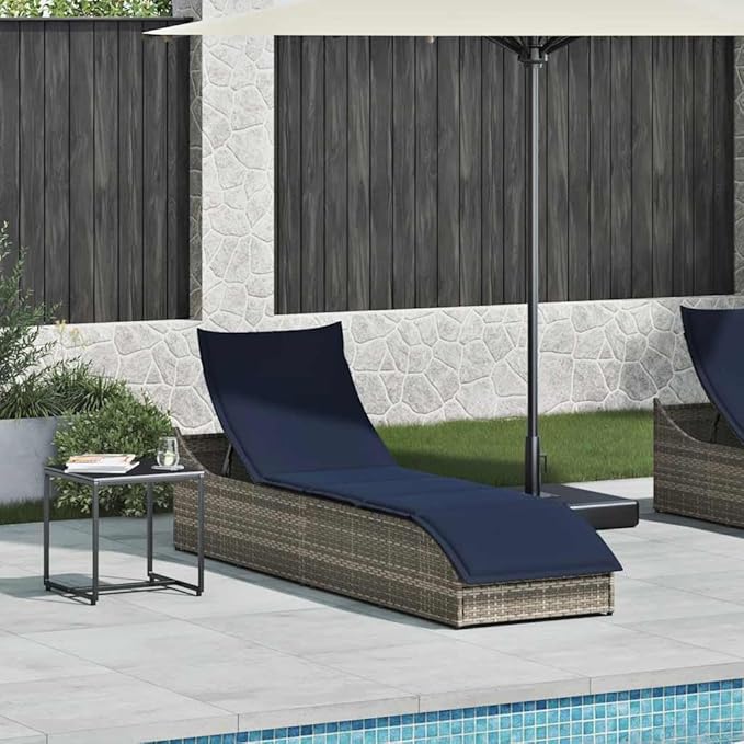 Folding Sun Lounger with Cushion and Storage Gray Poly Rattanrecliner Tanning Chair Camping Chairs Patio Suitable for Garden Courtyard
