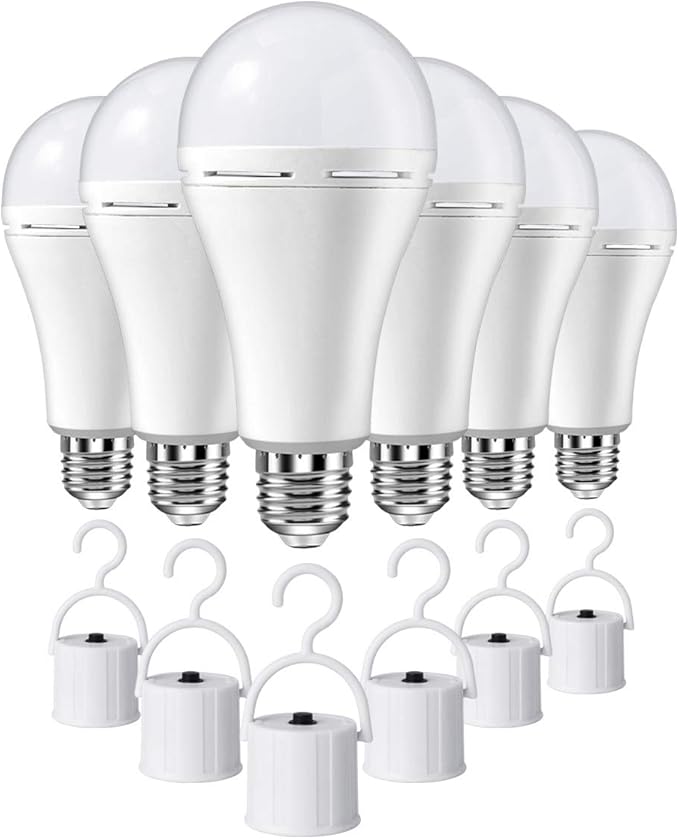 6 Pack Rechargeable Emergency LED Bulb, Multi-Function Battery Backup Emergency Light for Power Outage Camping Outdoor Activity 9W 900LM 60W Equivalent White Daylight 6000K with E26/E27 Base
