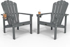 Stackable Adirondack Chair Set of 2, HDPE All-Weather Adirondack Chairs - Durable and Space Saving, Plastic Outdoor Fire Pit Chairs with Cup Holder,Grey