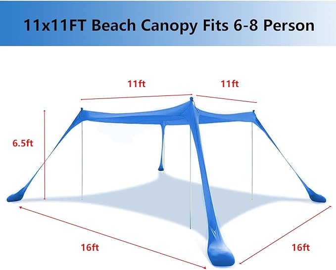 Beach Tent, Beach Canopy UPF50+ with Sandbags, Sand Shovels, Ground Pegs & Stability Poles, Outdoor Shade Camping Sun Shelter for Camping Trips, Fishing, Backyard Fun or Picnics