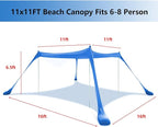 Beach Tent, Beach Canopy UPF50+ with Sandbags, Sand Shovels, Ground Pegs & Stability Poles, Outdoor Shade Camping Sun Shelter for Camping Trips, Fishing, Backyard Fun or Picnics