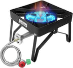 High Pressure 200000 BTU Banjo 1-Burner Outdoor Propane Burner Gas Cooker with 0-30 PSI Adjustable Regulator and Steel Braided Hose (Balck) SA1250