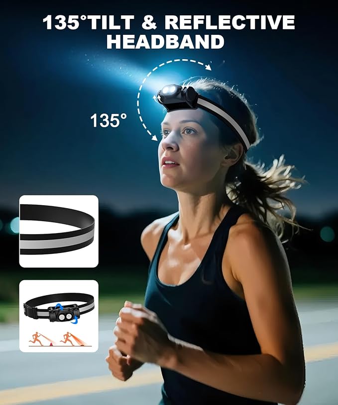 Rechargeable Running Headlamp, High Lumens Bright Head Lamp Led with Motion Sensor, 4 Modes, Magnet, Detachable Flashlight & Headband for Adult, Outdoor, Emergency, Hard Hat Light 2PC