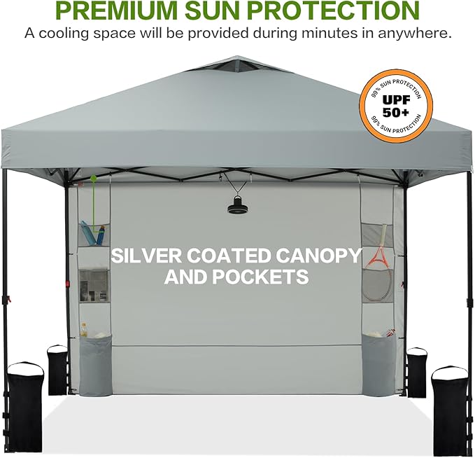 10'x10' Pop Up Canopy Tent with 1 Sidewall and 6 Pockets, One Push Setup, Instant Shade Tent with Vented Roof for Beach Patio Outdoor, Case, 8 Stakes, 4 Ropes, 4 Sandbags (Light Gray, 10x10)