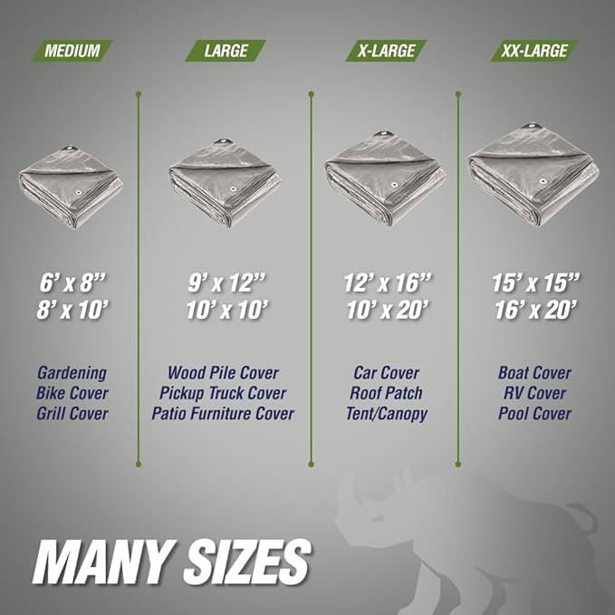 RUGGED RHINO All Weather 100% Waterproof Heavy Duty Tarp, UV Temperature Resistant Tarps, High Durability Multipurpose Cover, for Home Outdoor Winter Snow Clean Up, Camping, 5 Mil, 6x8, 1 Pack, Silver