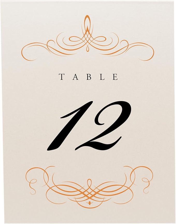 Decadent Flourish Wedding Table Numbers (Select Color/Quantity), Champagne, Orange, 1-100, Double Sided, Tent or Use in a Stand, Great for Parties & Restaurants - Made in the USA