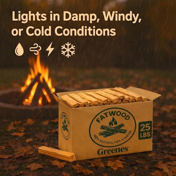 Greenes Fence Fatwood Fire Starter – 25 LB Box – 100% Natural Pine Resin Kindling – Chemical-Free All-Weather Fire Starting Sticks for Fireplaces, Campfires, Wood Stoves & Grills